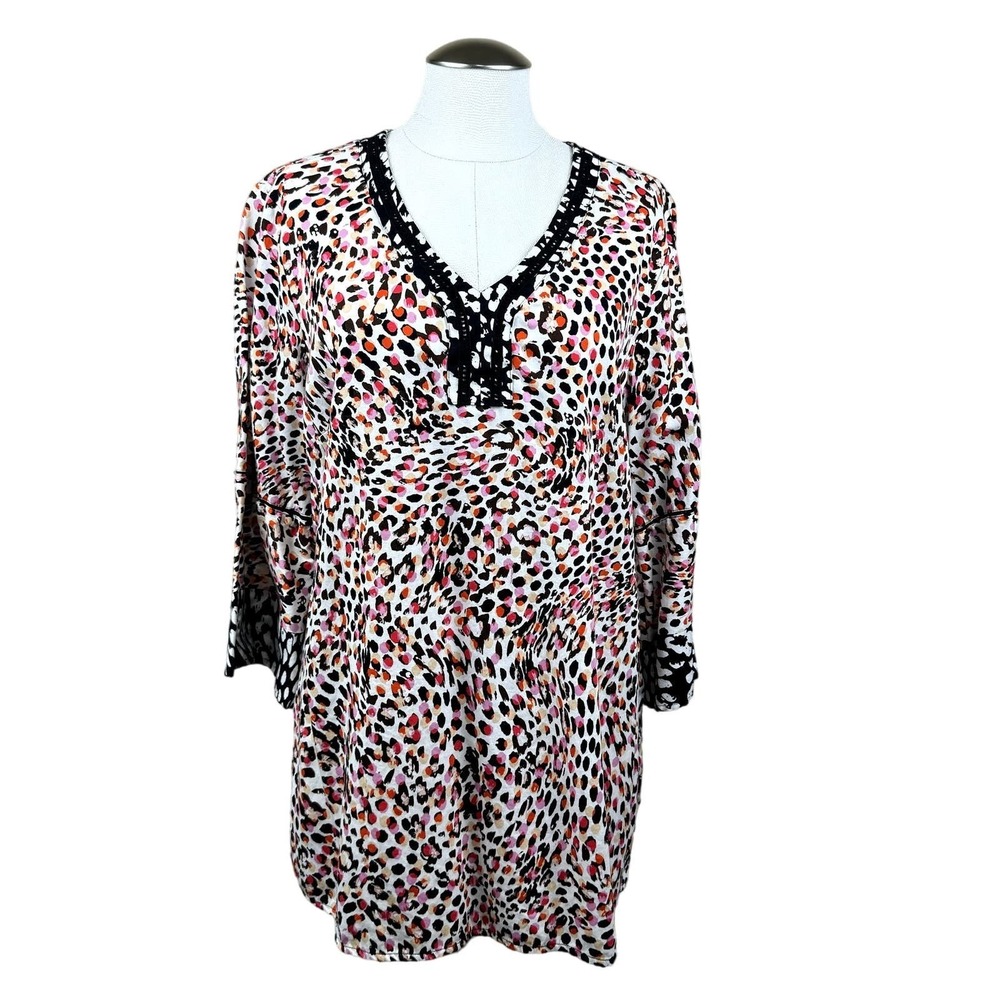 Foxcroft NYC Relaxed Fit Wrinkle Free Leopard‎ Print V Neck Tunic Dress Size 14